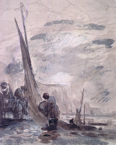 Figuras con carro y botes en la orilla, cerca de acantilados, siglo XIX de William Collins